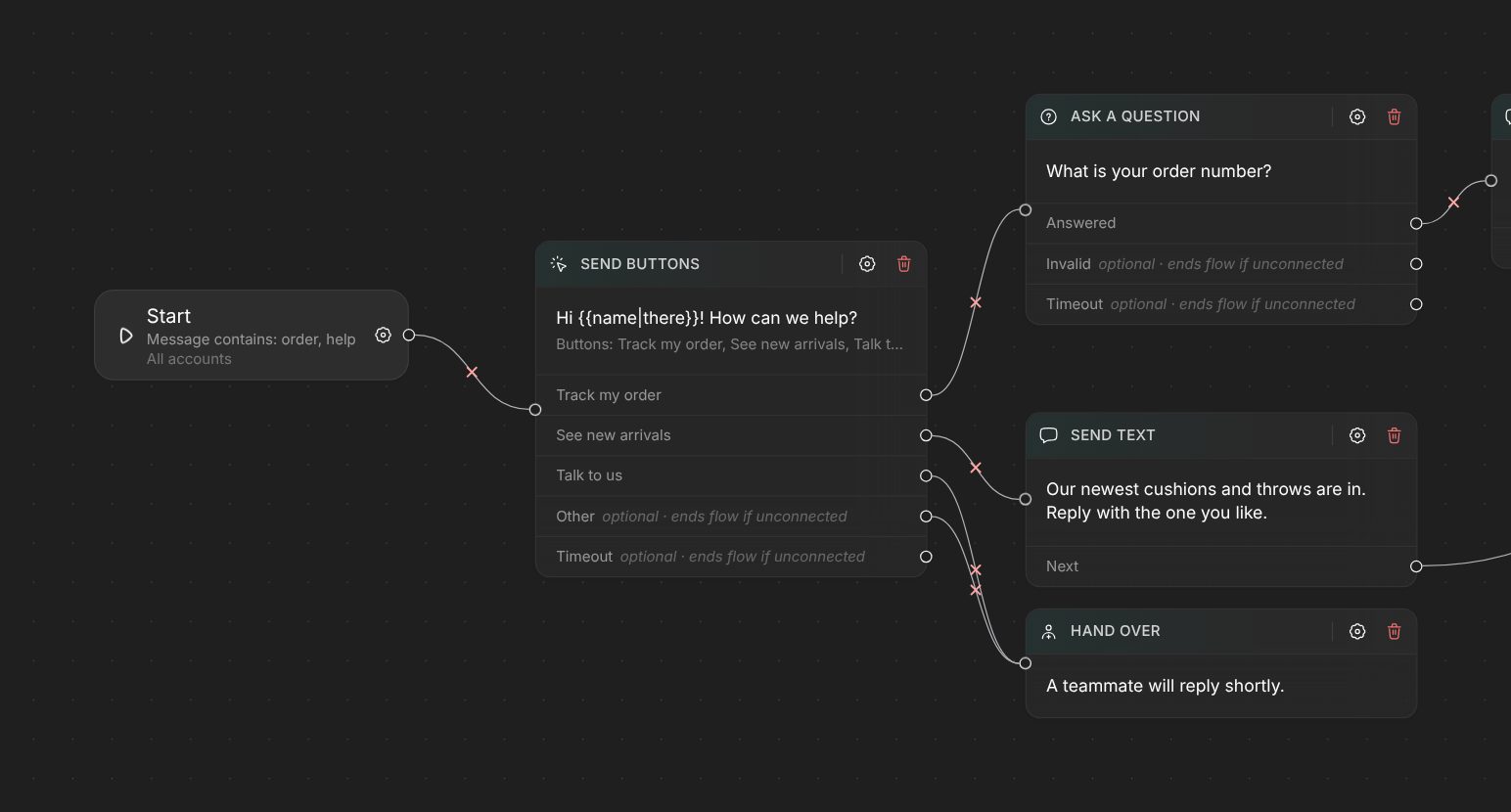 A published flow in the flow builder: a menu with three buttons that leads to a question, a reply or a hand-over to the team